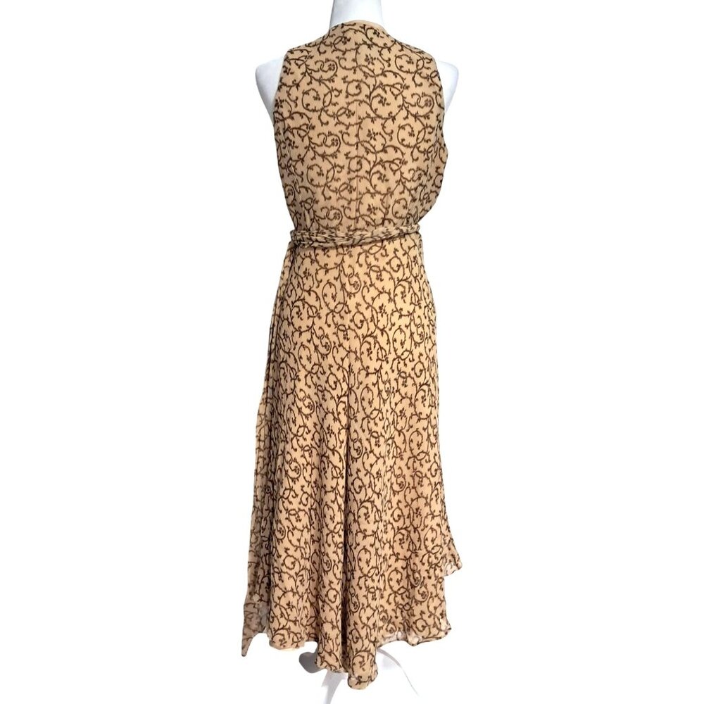 Lauren Ralph Lauren Tan & Brown Silk Wrap Dress Womens Size 12 Sleeveless Midi L - Picture 4 of 10